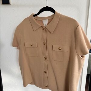 H&M Tan Button-Down Shirt with Gold Accents